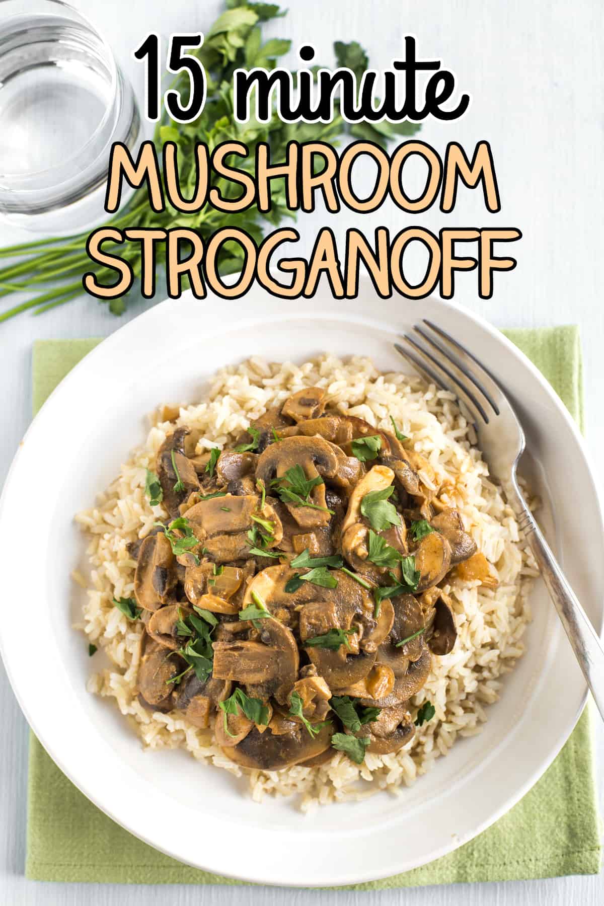 Portion of creamy mushroom stroganoff served on rice