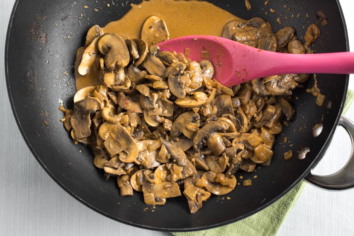 Creamy mushroom stroganoff in a wok