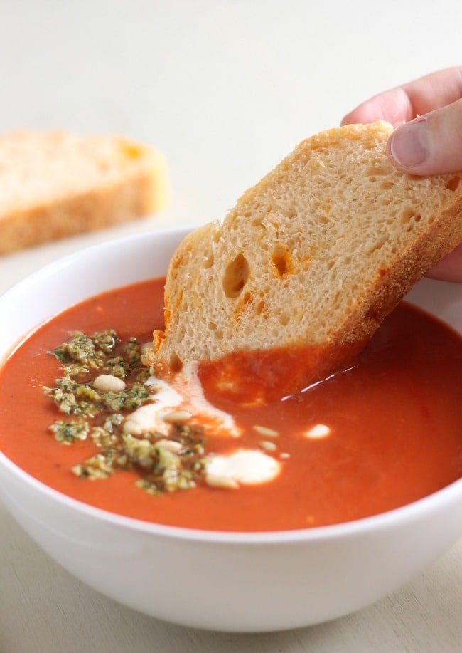 15 minute tomato soup with basil pine nut crumb