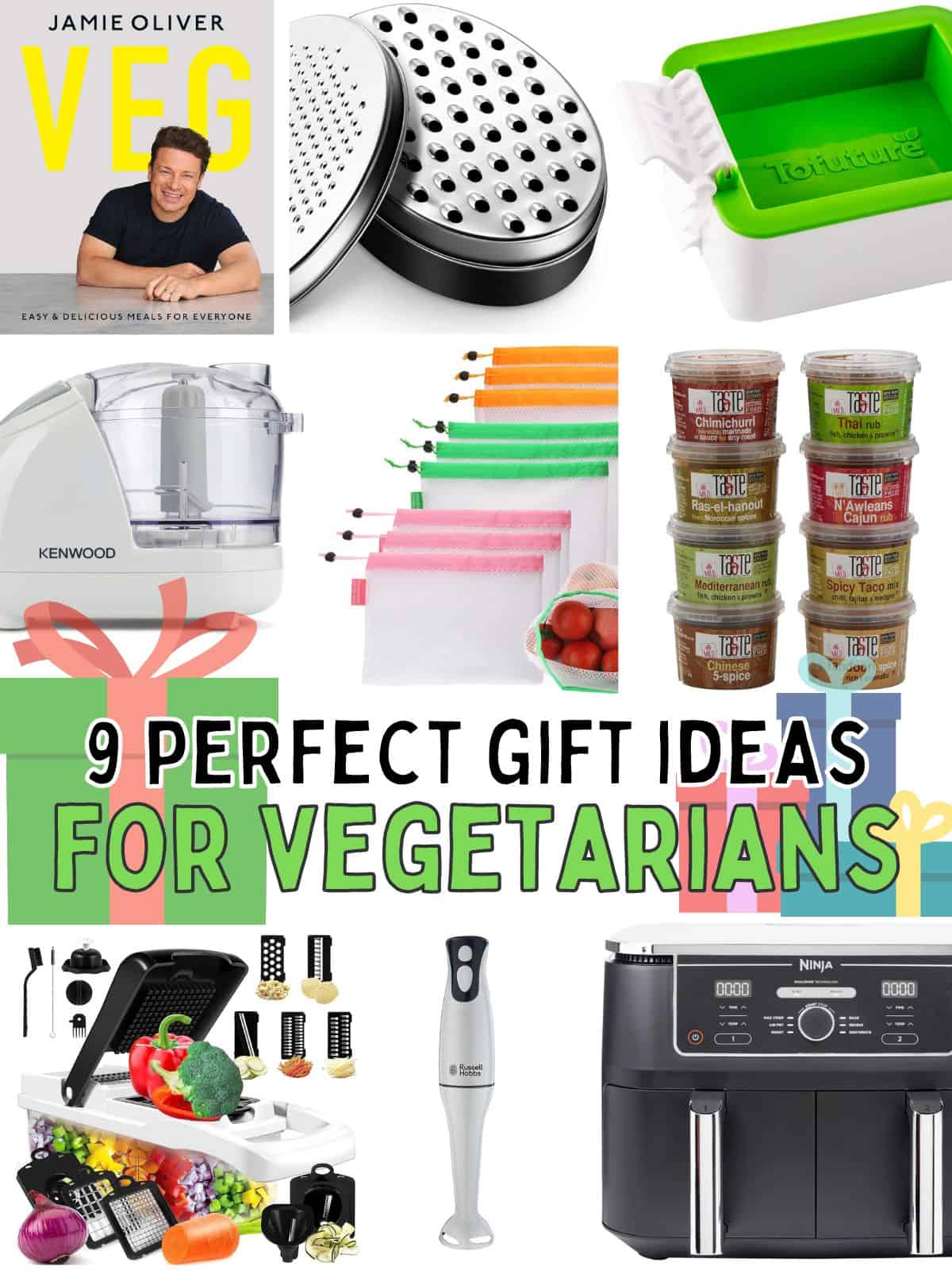 Collage showing perfect gift ideas for vegetarians with text overlay.