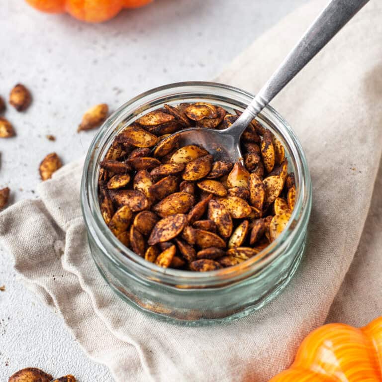 A small pot of air fryer toasted pumpkin seeds.