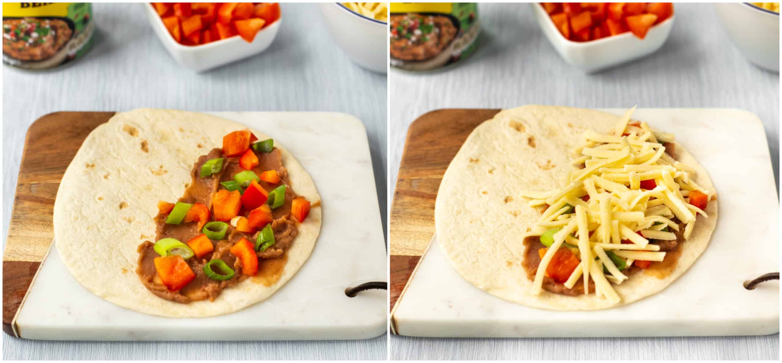 A vegetarian quesadilla being assembled with refried beans, vegetables and cheese.