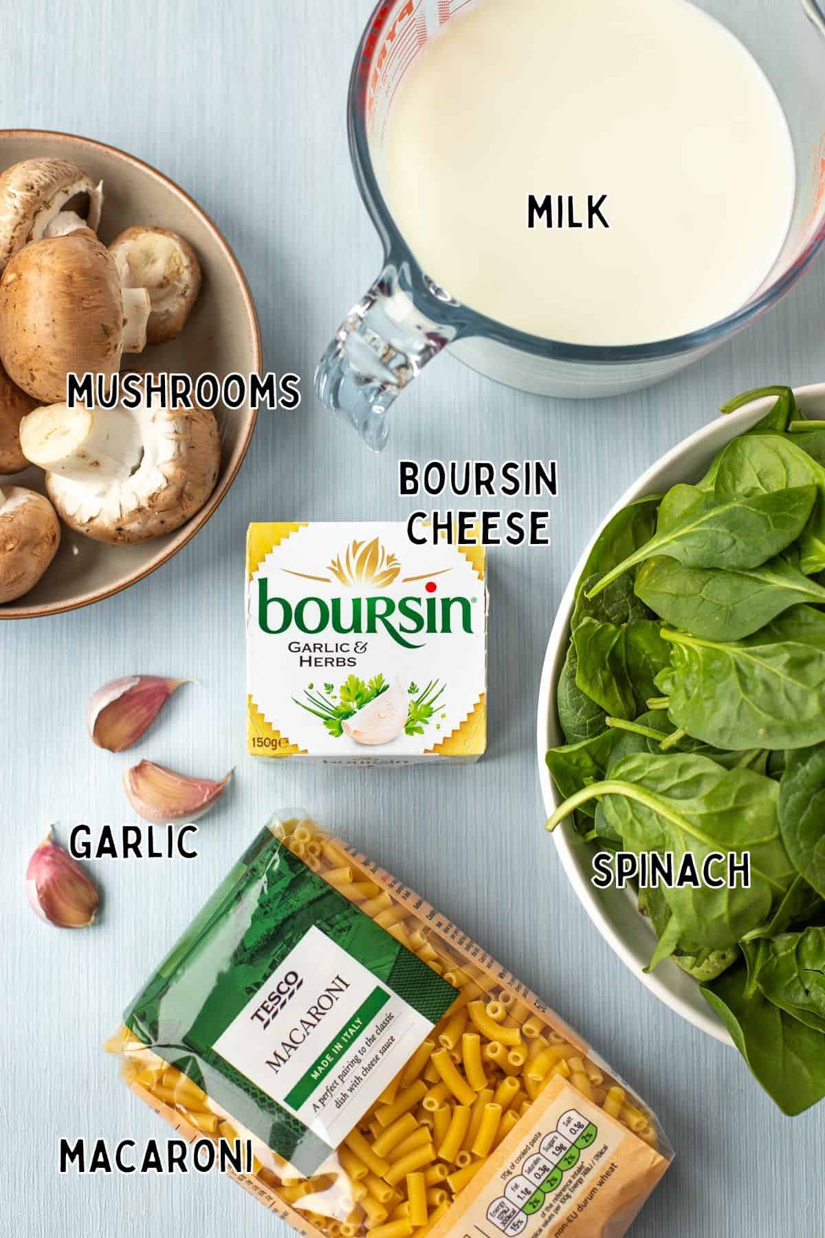 Ingredients for baked Boursin pasta with text overlay.
