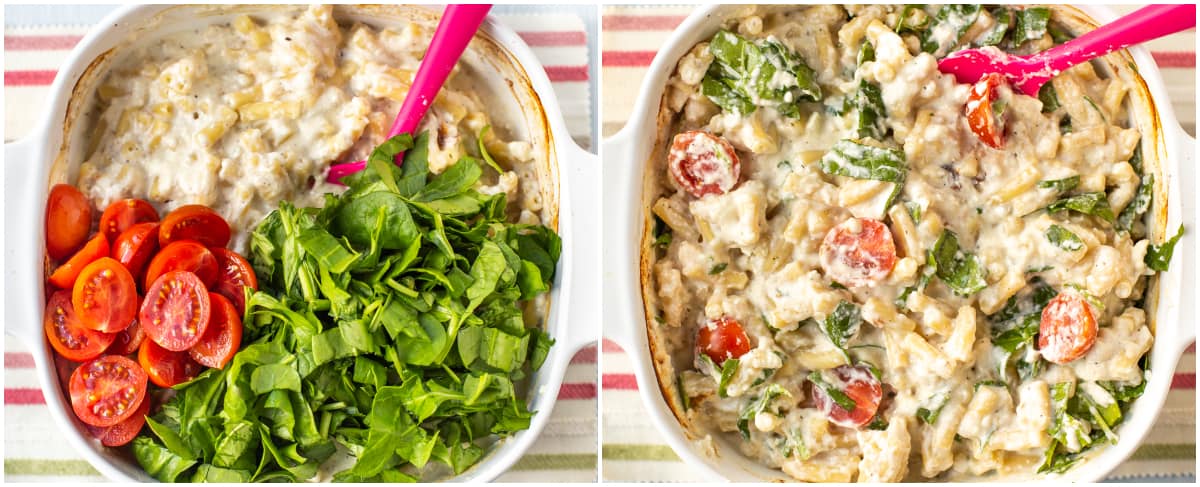 Collage showing fresh spinach and tomatoes being stirred into macaroni cheese.