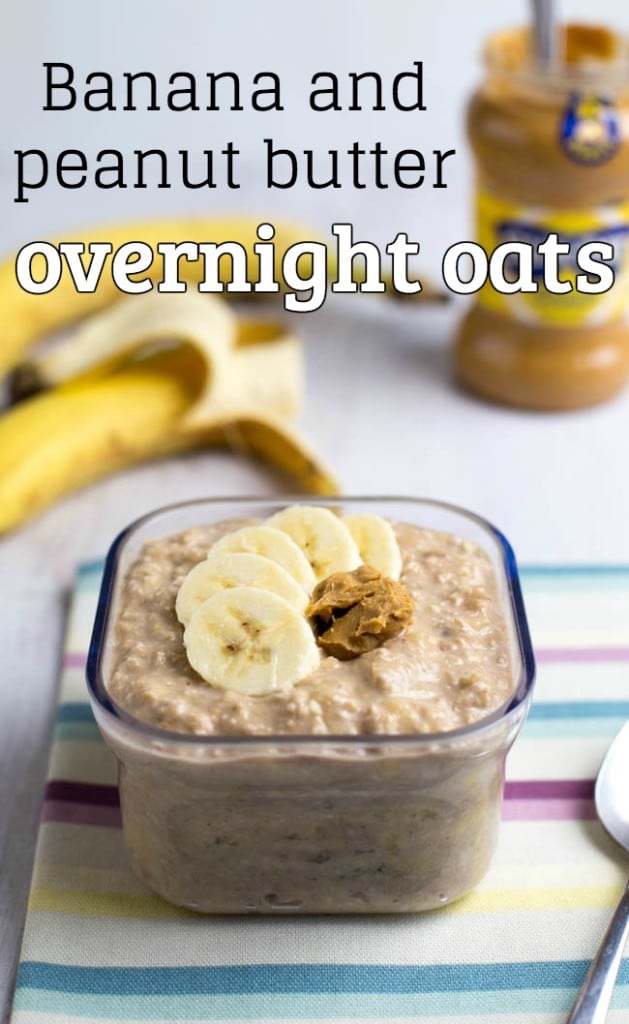 Banana and peanut butter overnight oats - just the thing for a busy morning! A couple of minutes' effort the night before, and you've got a grab-and-go breakfast for the next morning. They're super easy, they're super tasty, and they're healthy too! Vegetarian, vegan and gluten-free.