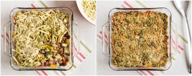 Collage showing bean and vegetable crumble before and after baking