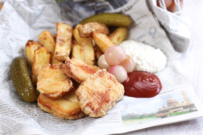 Beer battered halloumi with homemade pickled onions and tartar sauce