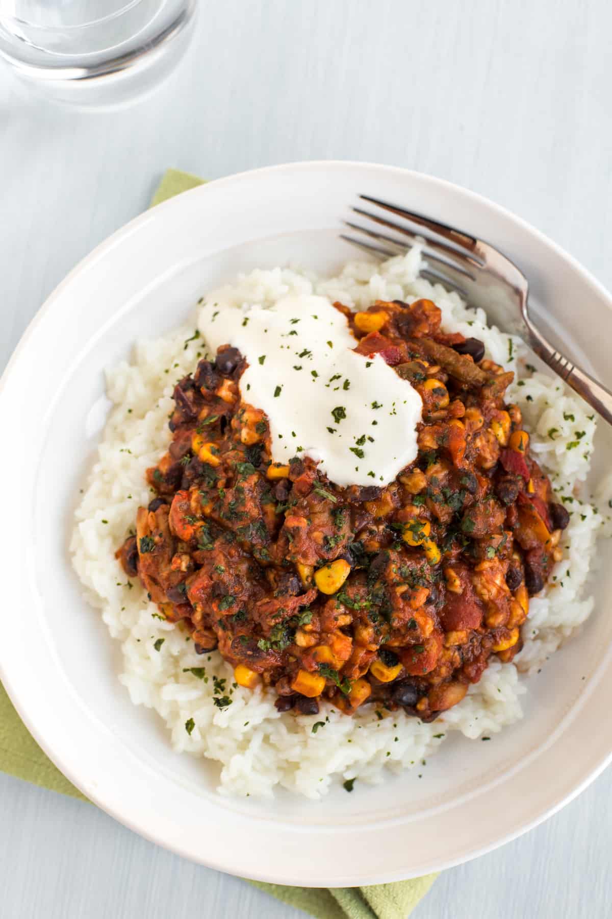 Vegetarian chilli in a bowl with rice.