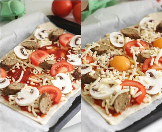 Breakfast pizza. Veggie sausages, mushrooms, pizza and eggs - perfectly reasonable for breakfast!!