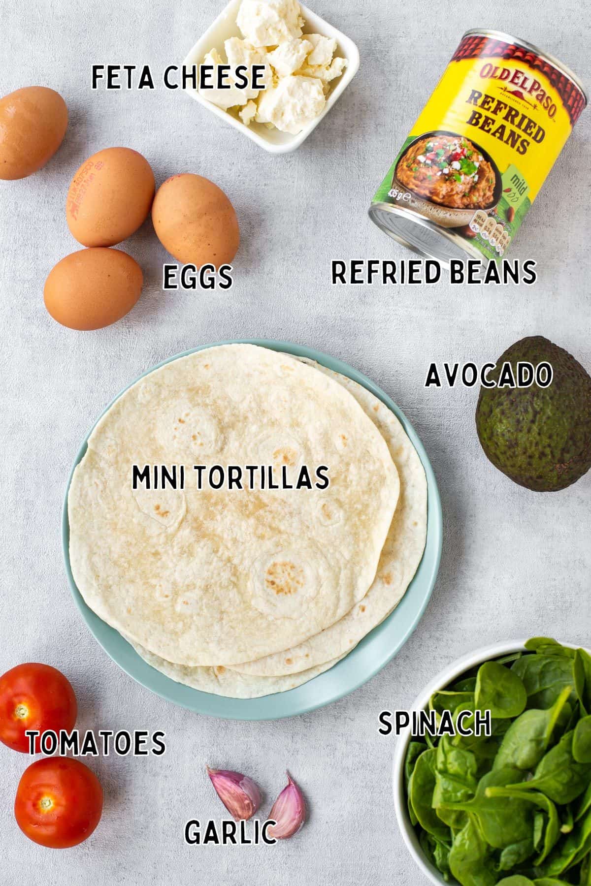 Ingredients for breakfast tostadas with text overlay.