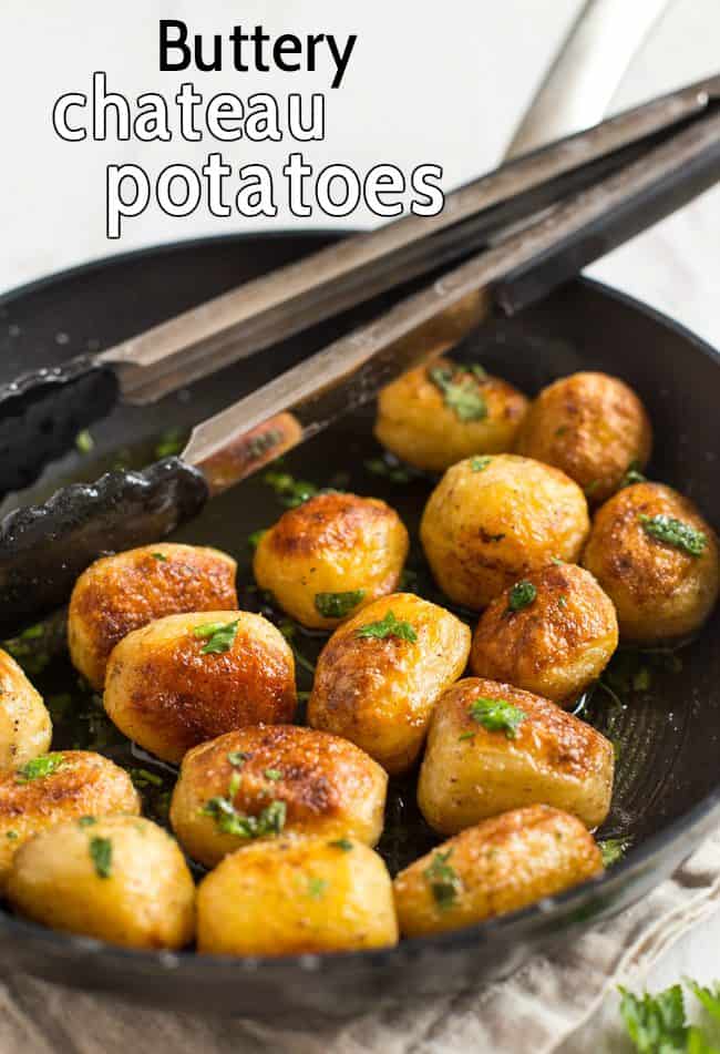 Buttery chateau potatoes - cooked in garlicky butter, then roasted until they're nice and crispy. SO GOOD! The perfect potato side dish.