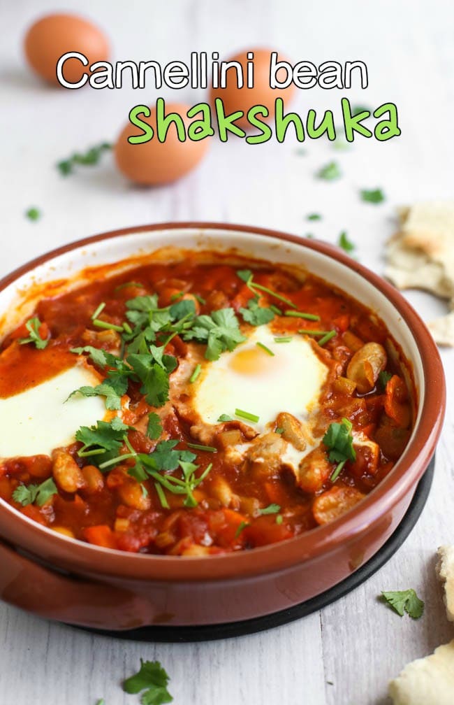 Cannellini bean shakshuka (eggs baked in a rich tomato sauce) - a hearty, high protein breakfast or lunch. It's vegetarian, really easy to make an totally delicious!