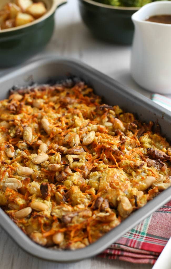 Cheesy carrot nut roast - THE ULTIMATE NUT ROAST! This thing is SO tasty. It makes a perfect vegetarian main course for Christmas dinner!