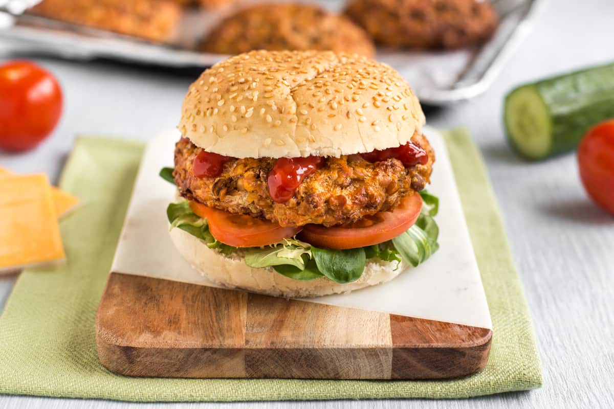Cheesy lentil burgers.
