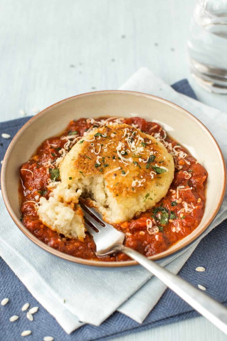 Cheesy Risotto Cakes in Tomato Sauce