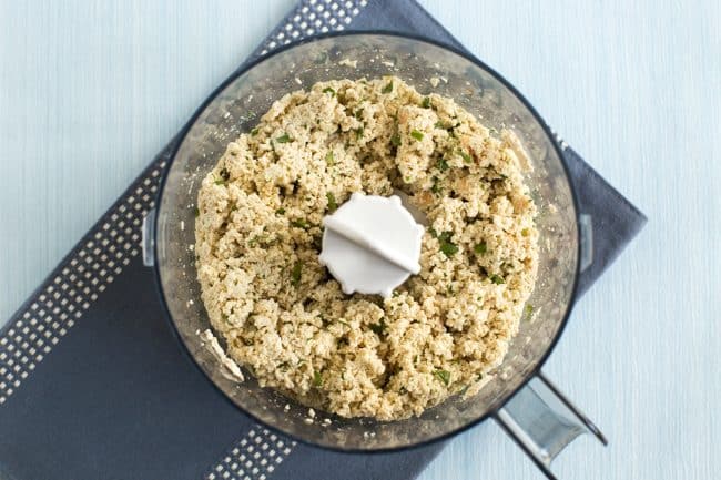 Blended tofu mixture in a food processor