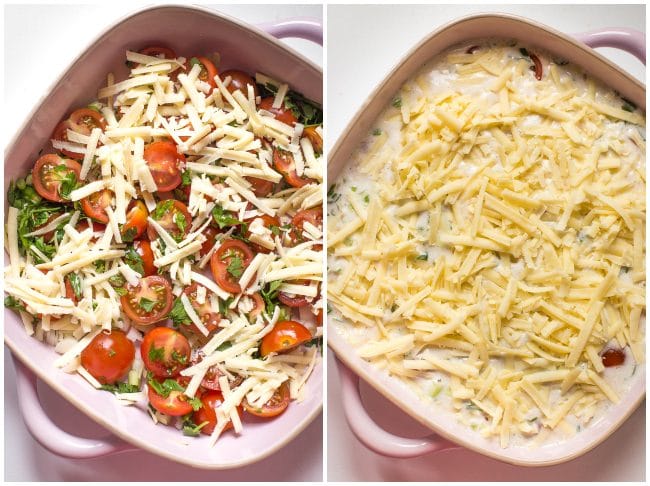 Collage showing cherry tomato clafoutis before baking