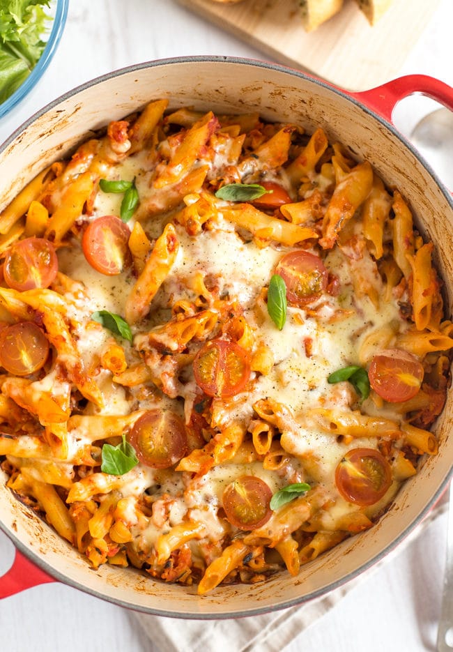 Chickpea bolognese pasta bake - so yum! With tons of hidden vegetables, and a bolognese mince made of blitzed chickpeas! A great vegetarian family meal, or one to batch cook for the freezer.