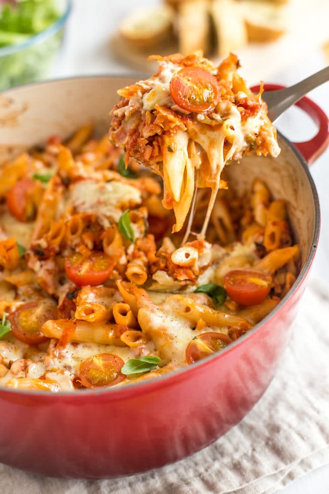 Chickpea bolognese pasta bake - so yum! With tons of hidden vegetables, and a bolognese mince made of blitzed chickpeas! A great vegetarian family meal, or one to batch cook for the freezer.