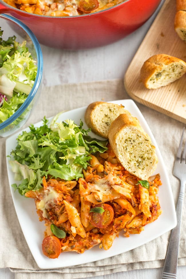 Chickpea bolognese pasta bake - so yum! With tons of hidden vegetables, and a bolognese mince made of blitzed chickpeas! A great vegetarian family meal, or one to batch cook for the freezer.