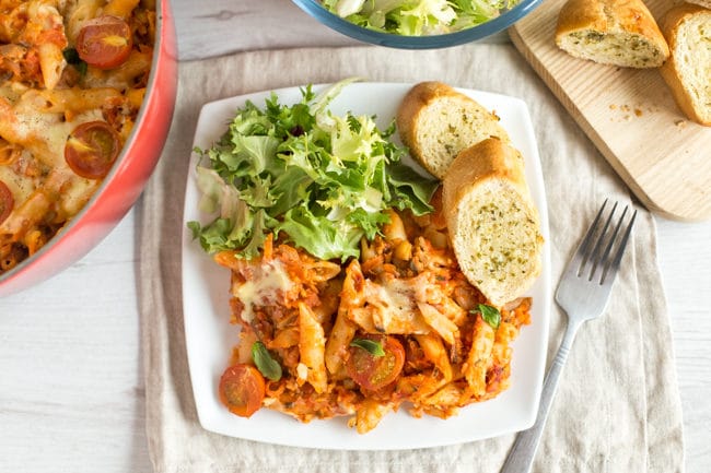 Chickpea bolognese pasta bake - so yum! With tons of hidden vegetables, and a bolognese mince made of blitzed chickpeas! A great vegetarian family meal, or one to batch cook for the freezer.