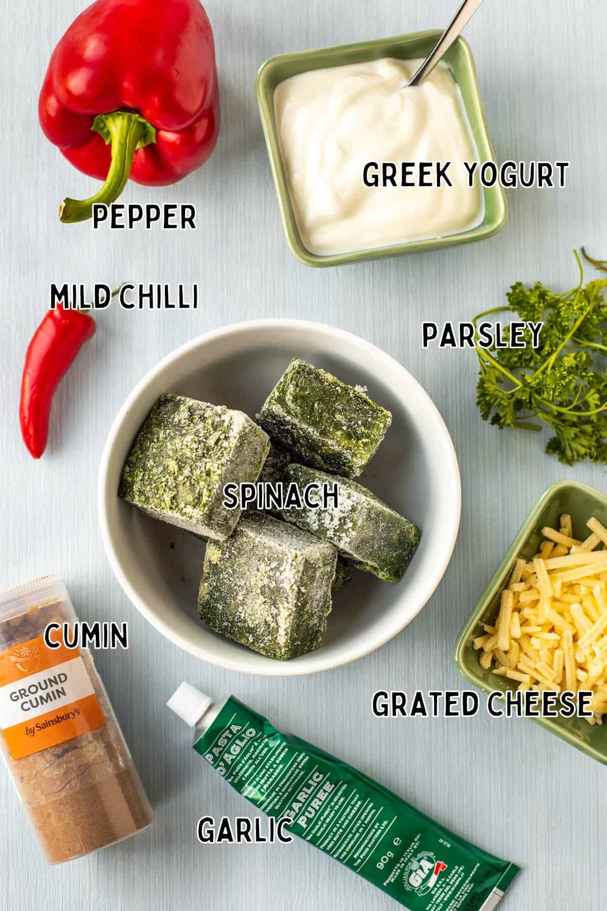 Ingredients for cold spinach dip with text overlay.