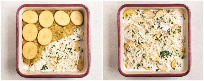 Collage showing lentil and potato gratin being layered up in a baking dish