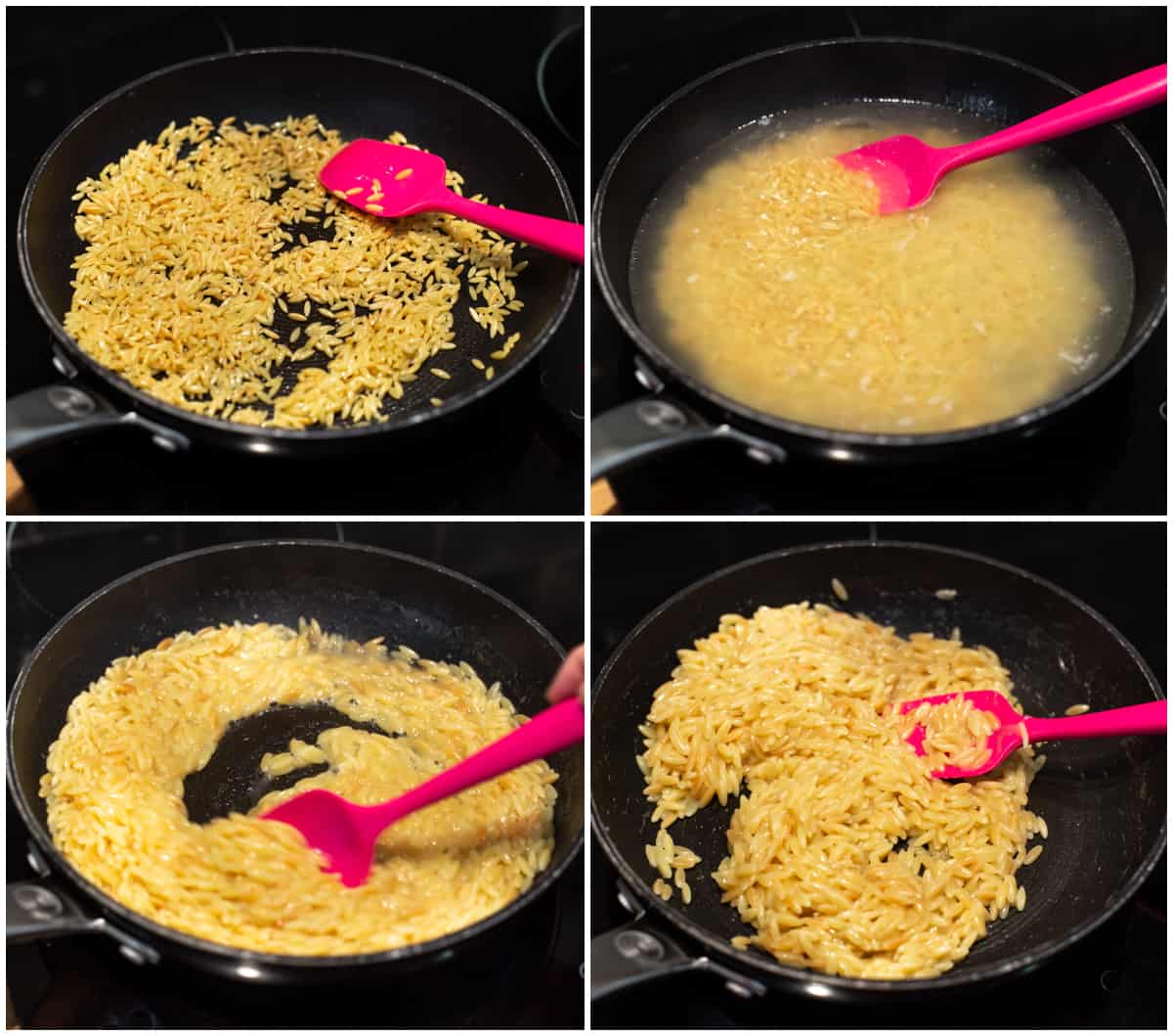 A collage showing orzo cooking in a pan like risotto.