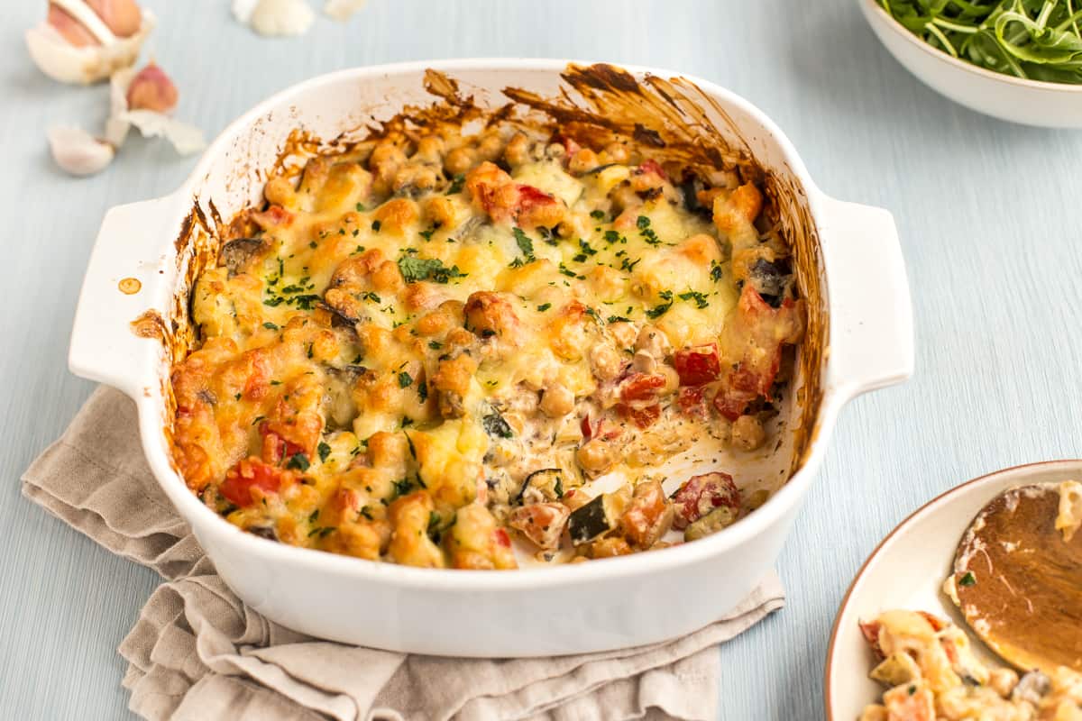 Creamy chickpea bake in a baking dish.
