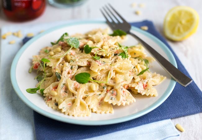 Creamy Peppadew Pasta with Watercress and Pine Nuts