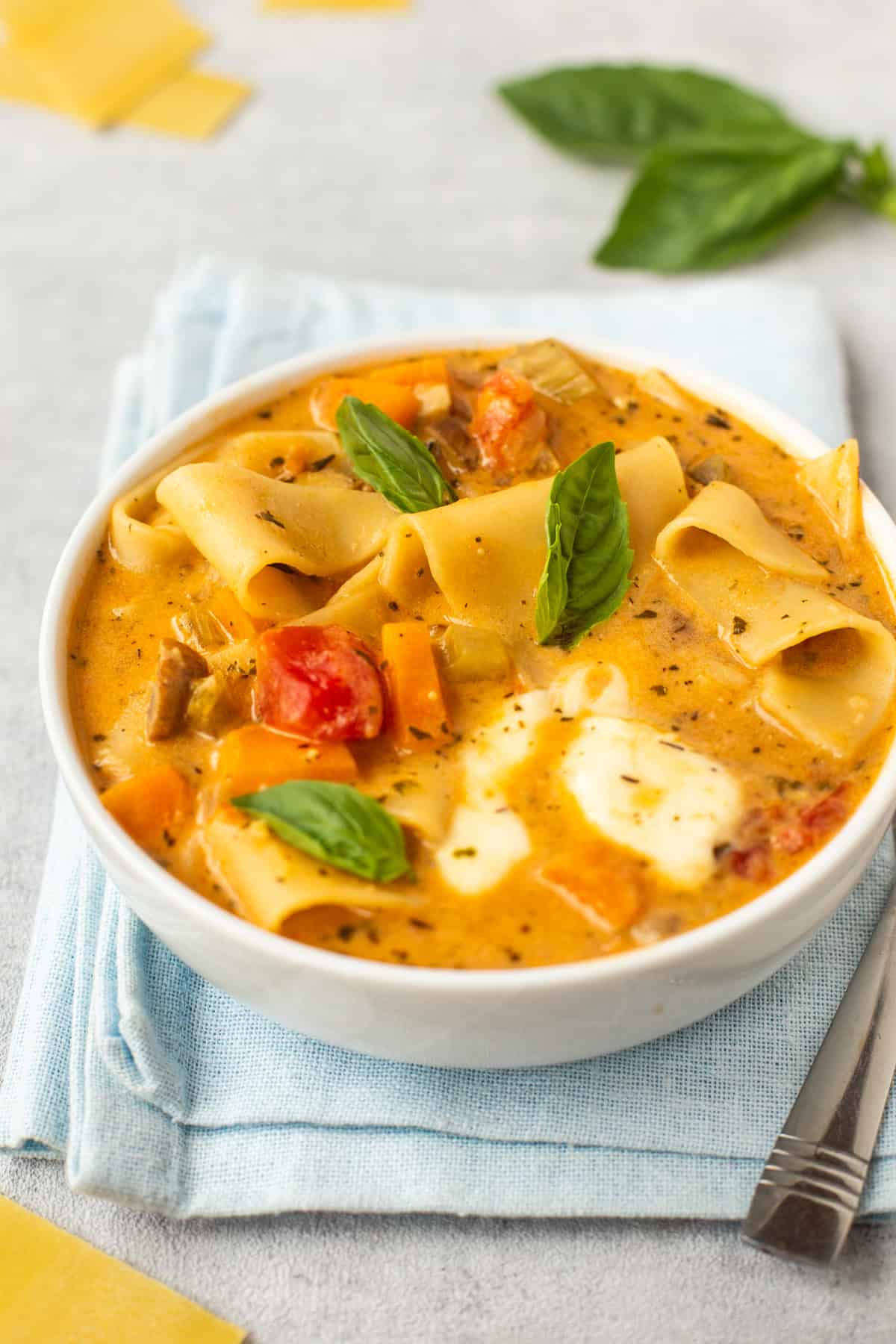 A bowlful of vegetarian lasagne soup with basil.