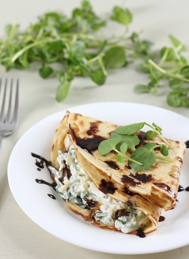 Creamy watercress stuffed crepes