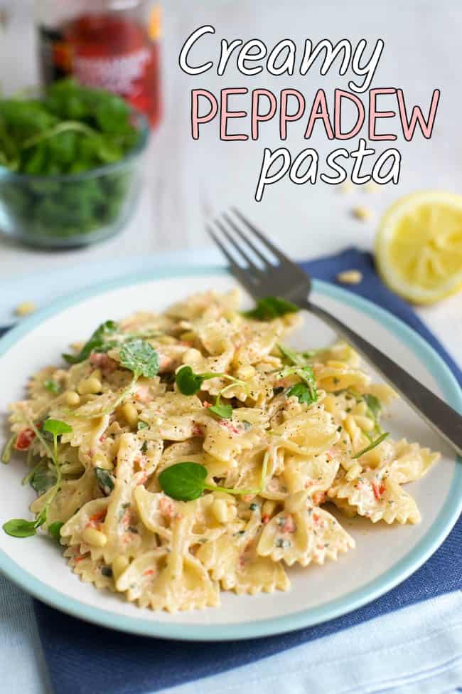 A plateful of creamy farfalle pasta.
