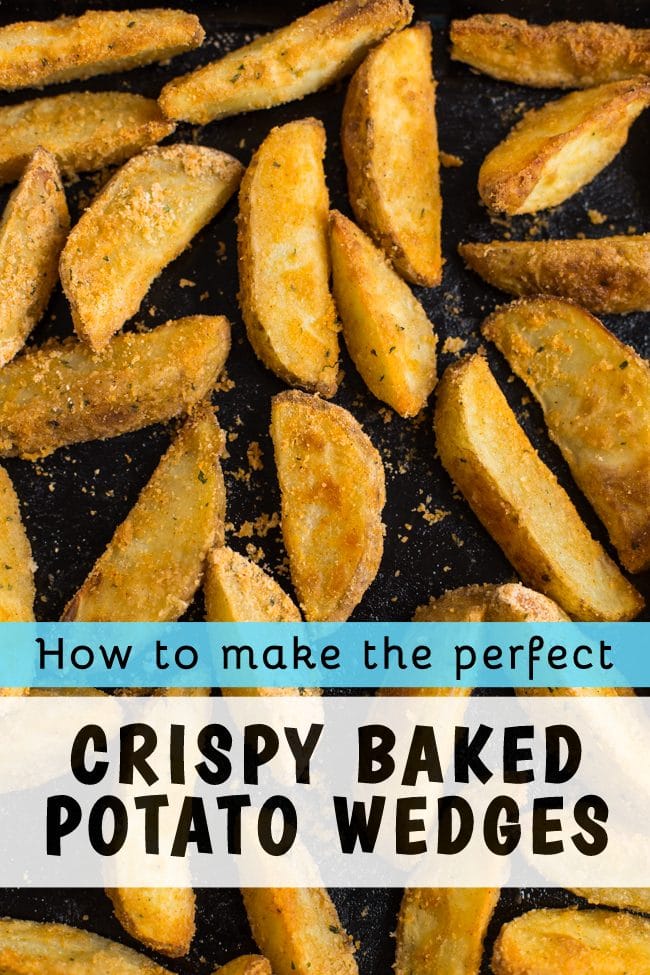 Crispy potato wedges on a baking sheet with a text overlay