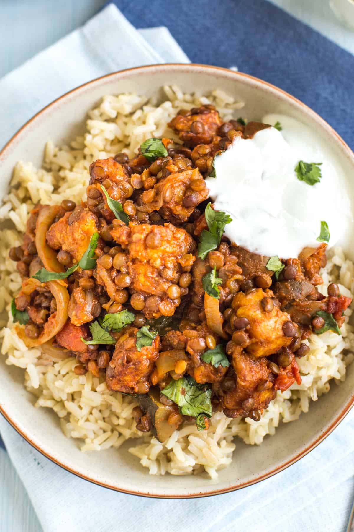 Portion of lentil and halloumi curry in a bowl with rice and yogurt