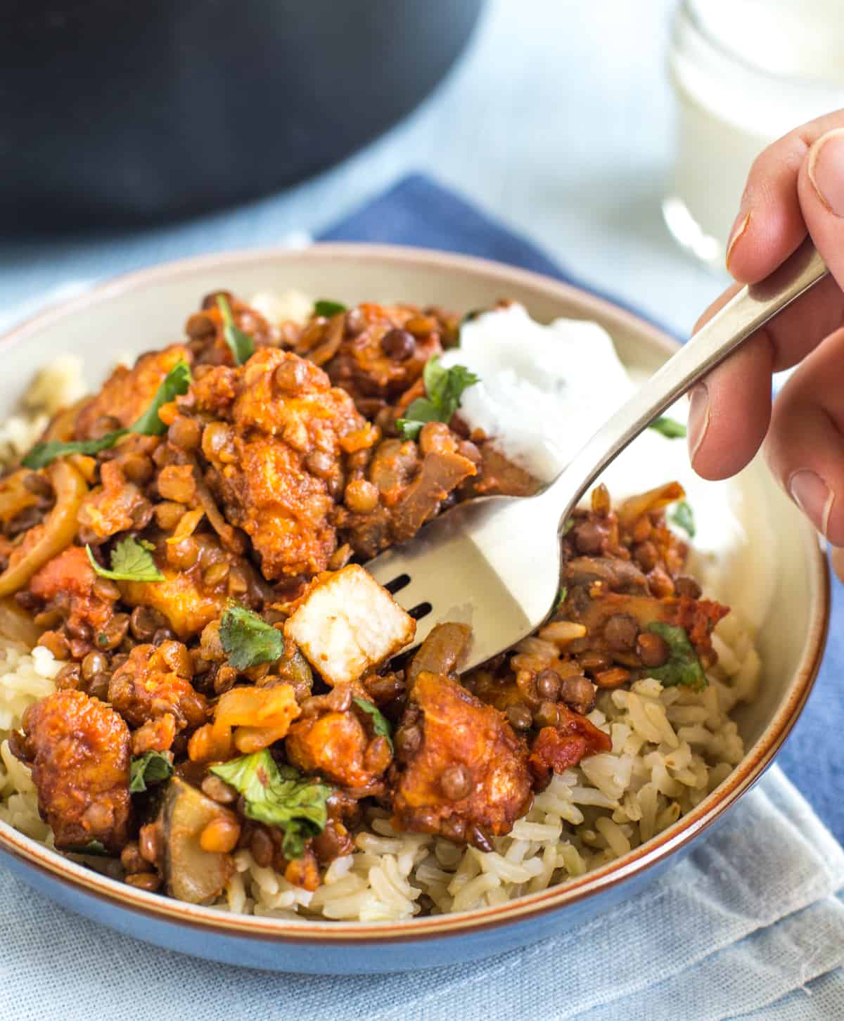 Hand taking a forkful from a portion of lentil and halloumi curry