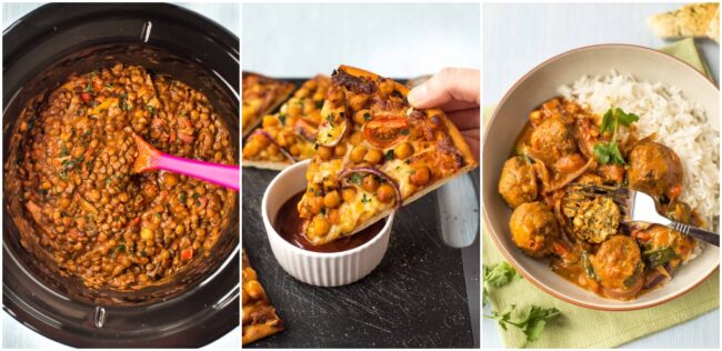 Collage showing cheesy slow cooker lentils, BBQ chickpea pizza, and easy falafel curry.