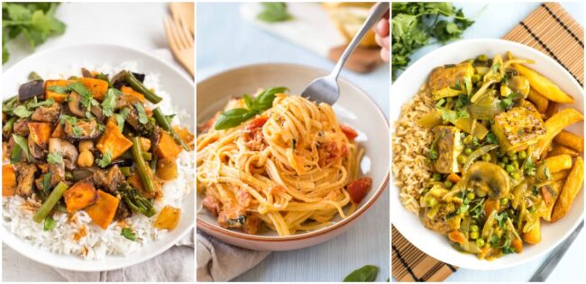 Collage showing red Thai curry, tomato and mascarpone pasta, and Chinese curry.