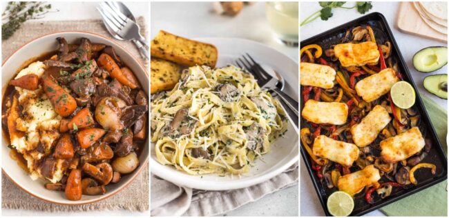 Collage showing mushroom bourguignon, mushroom pasta, and halloumi fajitas.