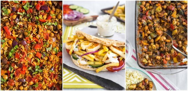 Collage showing chickpea curry and rice bake, vegetarian doner kebab, and baked ratatouille.