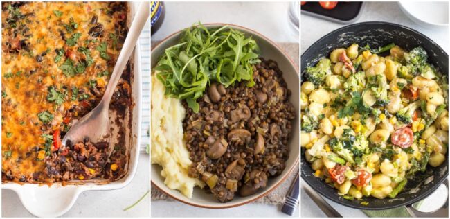 Collage showing chilli and rice bake, lentil and mushroom stew, and gnocchi primavera.