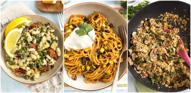 Collage showing Tuscan beans, enchilada noodles, and mushroom stroganoff.