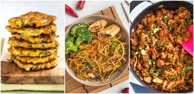 Collage showing cheesy veggie fritters, veggie chow mein, and lentil and halloumi curry.