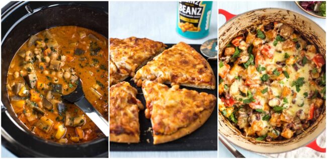 Collage showing slow cooker chickpea curry, baked bean pizza, and bean and potato bake.