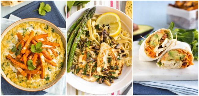 Collage showing carrot dal, halloumi piccata, and avocado and halloumi wraps.