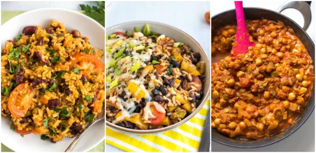 Collage showing vegan jambalaya, burrito bowls, and chickpea curry.