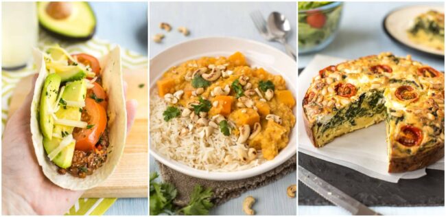 Collage showing lentil tacos, sweet potato curry, and self-crusting quiche.