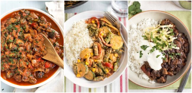 Collage showing slow cooker ratatouille, vegetable stroganoff, and black bean chilli.