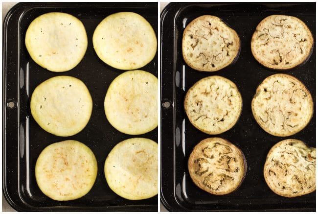 Collage showing sliced eggplant before and after grilling