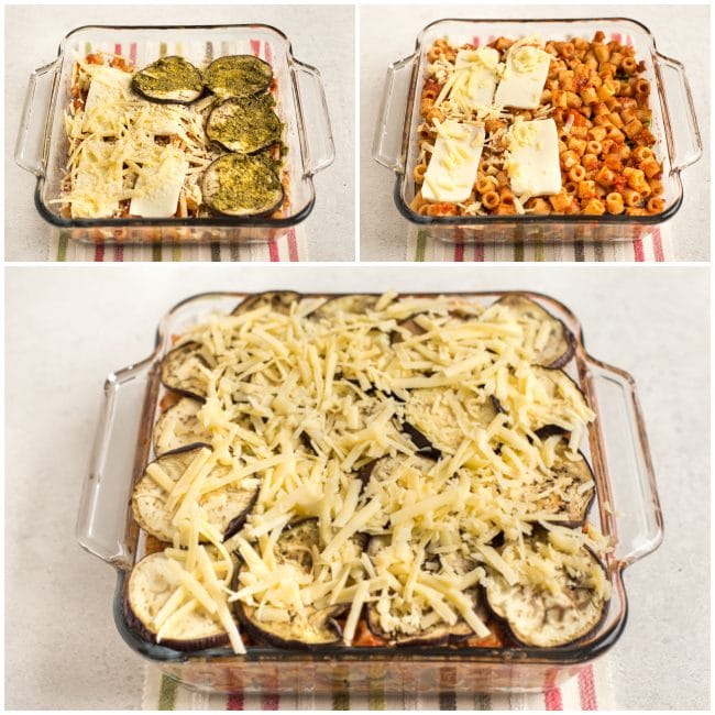 Collage showing eggplant parmesan pasta bake being layered in a pan